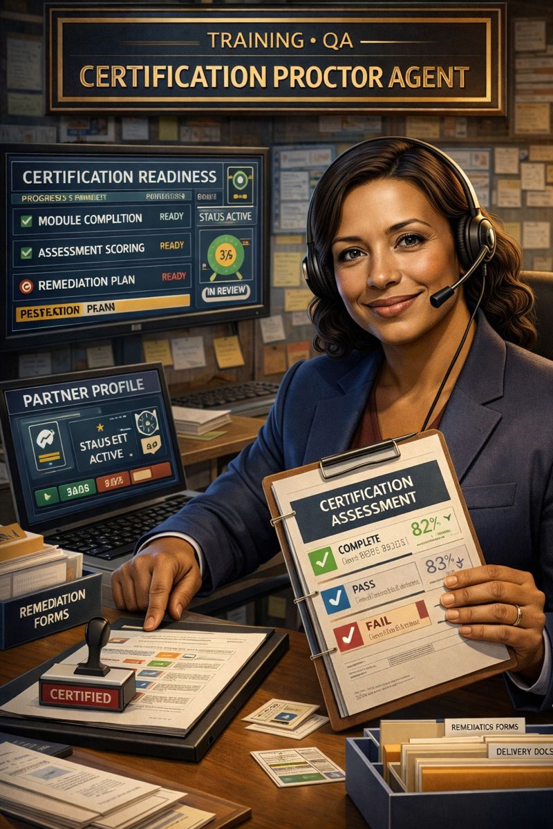 Certification Proctor Agent - training QA assessment scoring and badge status